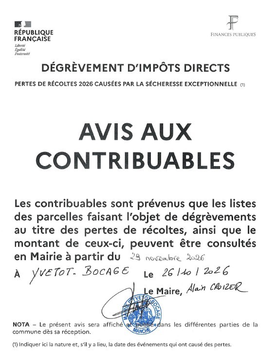 Avis aux Contribuables - D&eacute;gr&egrave;vements pour pertes de r&eacute;coltes S&eacute;cheresse 2026